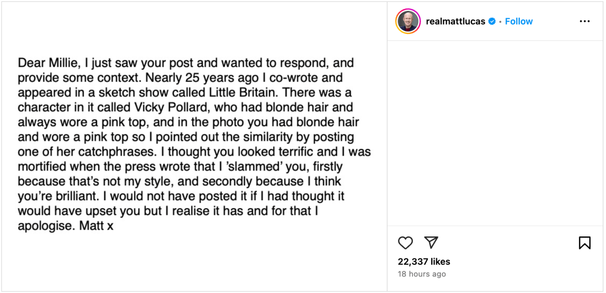 Matt Lucas' apology to Millie Bobby Brown